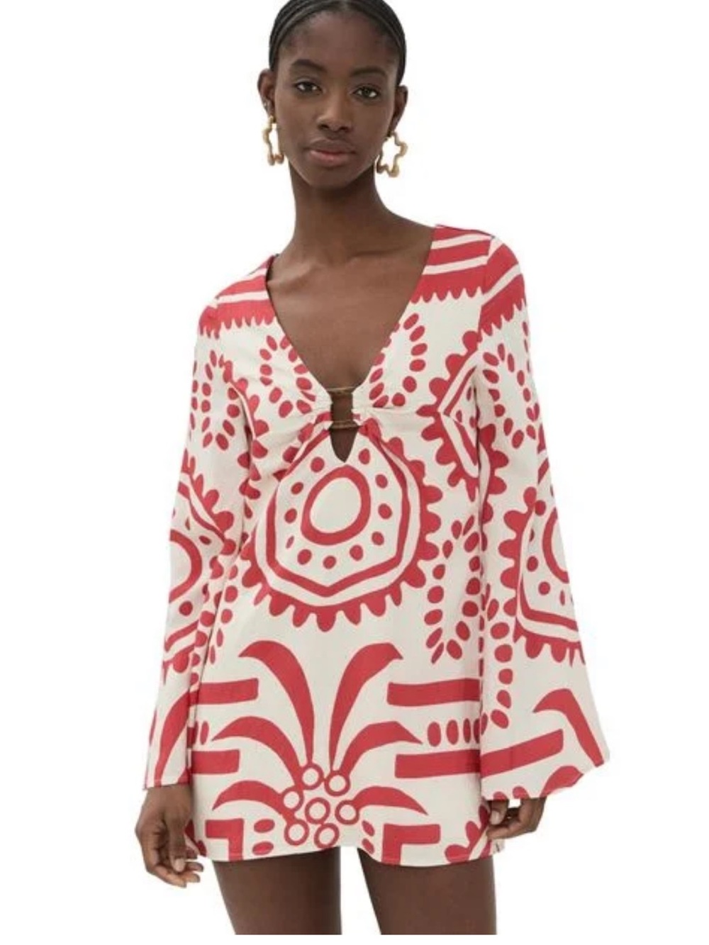 $295 Shop Bop Seven Wonders Red & Cream Patterned V-Neck Tunic